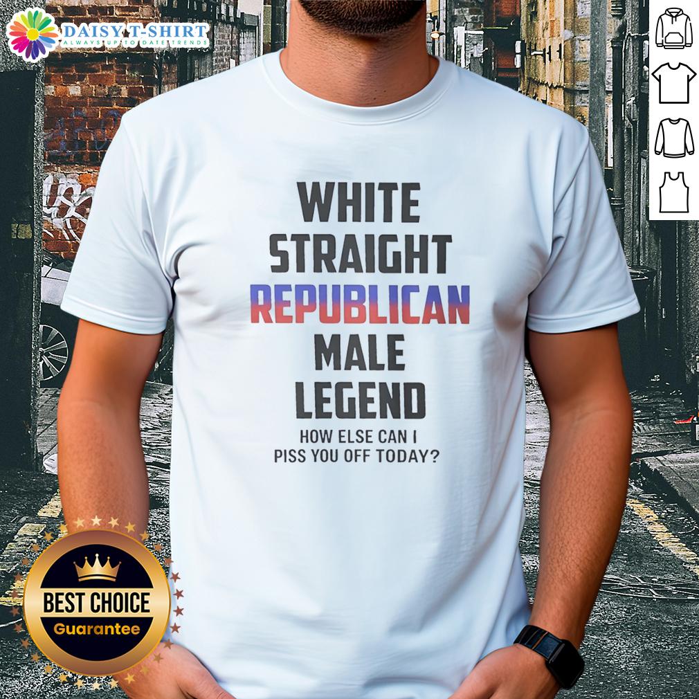 Alt Text: Top White Straight Republican Male Legend T-Shirt with humorous slogan for political satire and statement fashion.