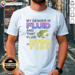 Alt Text: Awesome Frog t-shirt featuring the phrase 'My Gender Is Fluid And Tha Fluid Is Piss' in vibrant colors.