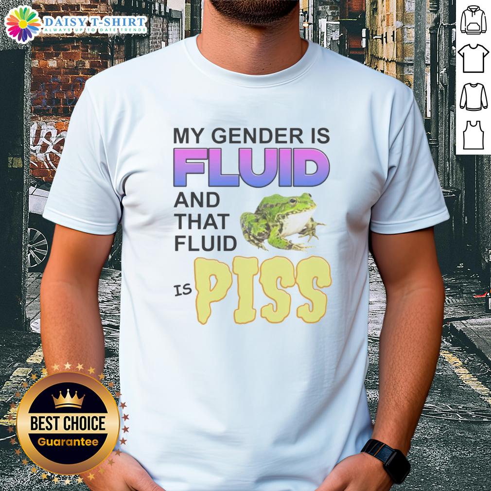 Alt Text: Awesome Frog t-shirt featuring the phrase 'My Gender Is Fluid And Tha Fluid Is Piss' in vibrant colors.