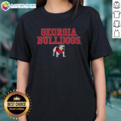 Alt Text: Awesome Georgia Bulldogs NCAA text logo stack with mascot on a ladies tee, perfect for fans and casual wear.
