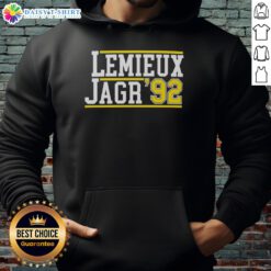 Awesome Mario Lemieux and Jaromir Jagr 92 hoodie featuring iconic player graphics and team colors, perfect for fans.