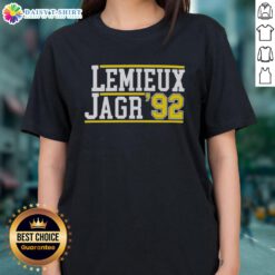 Awesome Mario Lemieux and Jaromir Jagr 92 Ladies Tee featuring iconic hockey legends in stylish design.