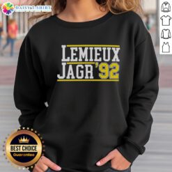Awesome Mario Lemieux and Jaromir Jagr 92 sweatshirt featuring iconic hockey legends in vibrant colors.