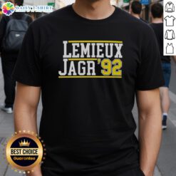 Awesome Mario Lemieux and Jaromir Jagr '92 T-Shirt featuring iconic graphics celebrating the legendary hockey duo.