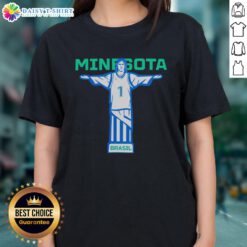 Awesome Minnesota Basketball Anthony Edwards Christ the Redeemer Brazil ladies' tee featuring vibrant design.