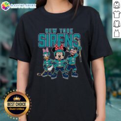Alt Text: Awesome New York Sirens cartoon team ice hockey ladies tee featuring vibrant graphics and sporty design.