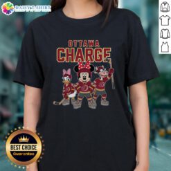 Awesome Ottawa Charge cartoon team ice hockey ladies tee featuring vibrant graphics and sporty design for fans.