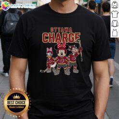 Alt Text: Awesome Ottawa Charge cartoon team ice hockey T-shirt featuring vibrant graphics and a bold design.