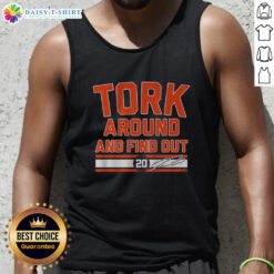 Spencer Torkelson 'Tork Around and Find Out' tank top design featuring bold graphics and vibrant colors.