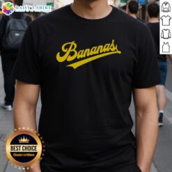 Alt Text: Awesome sporty varsity style bananas T-shirt featuring a vibrant banana graphic perfect for casual wear.