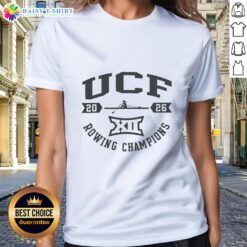 Funny UCF Knights white tee celebrating Big 12 2026 Rowing Champions for ladies, perfect for sportswear enthusiasts.