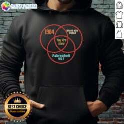 Venn diagram hoodie featuring 'Good', '1984', 'Brave New World', 'Fahrenheit 451' in dystopian literature theme.