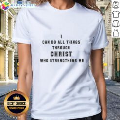Good Angelo Gabriel I Can Do All Things Through Christ Who Strengthens Me ladies tee in vibrant design and colors.