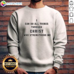 Alt Text: Good Angelo Gabriel I Can Do All Things Through Christ Who Strengthens Me sweatshirt in navy blue, inspirational design.