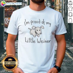 Alt Text: Cute dachshund wearing a 'I'm Proud Of My Little Weiner' T-shirt, showcasing adorable pet style and humor.