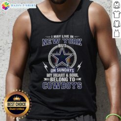 Woman wearing a Dallas Cowboys tank top, expressing loyalty despite living in New York. NFL fan pride on display.