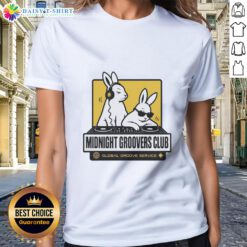 Good DJ Bunny's Midnight Groovers Club Ladies Tee featuring vibrant design for global groove enthusiasts.