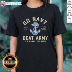 Good Go Navy Beat Army 1845 US Naval Academy Ladies Tee featuring a vintage design and navy blue color scheme.