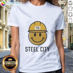 Good Icon Steel City 412 Smiley Hardhat Ladies Tee featuring a cheerful design, perfect for casual wear.