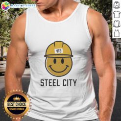 Good Icon Steel City 412 Smiley Hardhat Tank Top featuring a cheerful design for construction enthusiasts.
