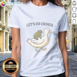 Silly duck and frog graphic on a 'Good Lets Do Crime' ladies tee, perfect for playful fashion lovers.