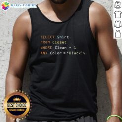 Person selecting a clean black tank top from a closet filled with organized shirts and clothing options.