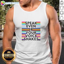 Model wearing a rainbow tank top with 'Good Speak Even If Your Voice Shakes' text, showcasing vibrant colors and style.