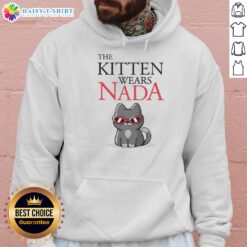 Cute kitten wearing cat sunglasses and a hoodie, titled Good The Kitten Wears Nada, showcasing playful pet fashion.