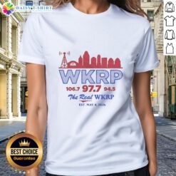 Retro ladies tee featuring the skyline and logo of Good Wkrp 106.7, 97.7, and 94.5, established May 4, 2026.
