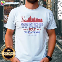 Retro City Skyline T-Shirt featuring Good Wkrp 106.7, 97.7, and 94.5, established May 4, 2026.