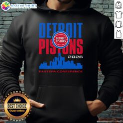 Vintage hoodie featuring the Detroit Pistons NBA logo with a city skyline backdrop, perfect for fans in the Eastern Conference.