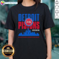 Vintage ladies tee featuring the Detroit Pistons logo and Eastern Conference skyline, perfect for NBA fans.