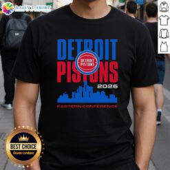 Vintage Detroit Pistons NBA Eastern Conference skyline T-shirt showcasing team pride and city spirit.