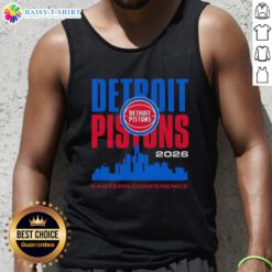 Vintage tank top featuring the Detroit Pistons logo with a city skyline, perfect for NBA Eastern Conference fans.