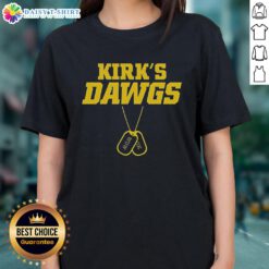 Alt Text: Nice Kirks Dawgs Washed Up Walkons x George Kittle Ladies Tee featuring vibrant design and stylish fit for women.