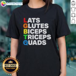 LGBTQ ladies tee featuring vibrant design highlighting nice lats, glutes, biceps, triceps, and quads for fitness lovers.