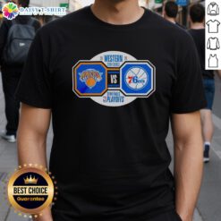 Nice New York Knicks vs Philadelphia 76ers 2026 NBA Playoffs Semifinals T-Shirt featuring team logos and vibrant design.