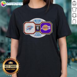 2026 NBA Playoffs: Oklahoma City Thunder vs. Los Angeles Lakers ladies tee featuring team logos and vibrant colors.