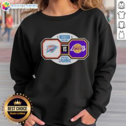 Alt Text: Oklahoma City Thunder vs Los Angeles Lakers 2026 NBA Playoffs sweatshirt featuring team logos and vibrant colors.
