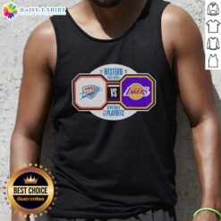 Fan wearing a tank top featuring Oklahoma City Thunder vs. Los Angeles Lakers for 2026 NBA Playoffs Western Conference Semifinals.