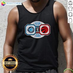 Alt Text: Fan wearing a Nice Orlando Magic vs Toronto Raptors 2026 NBA Playoffs tank top during Eastern Conference Semifinals.