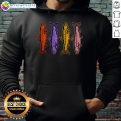 Colorful retro 80s hoodie featuring a vibrant rainbow trout fish design, perfect for fishing and vintage style enthusiasts.