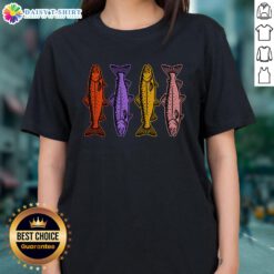 Alt Text: Retro 80s ladies tee featuring a vibrant rainbow trout fish design, perfect for fishing enthusiasts and vintage fashion lovers.