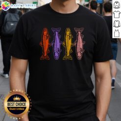 Colorful 80s retro t-shirt featuring a vibrant rainbow trout fish design, perfect for fishing enthusiasts and vintage style lovers.