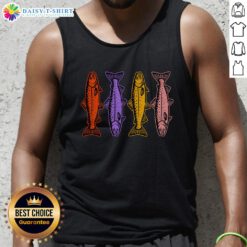 Retro 80s tank top featuring a vibrant rainbow trout fish design, perfect for fishing enthusiasts and vintage style lovers.