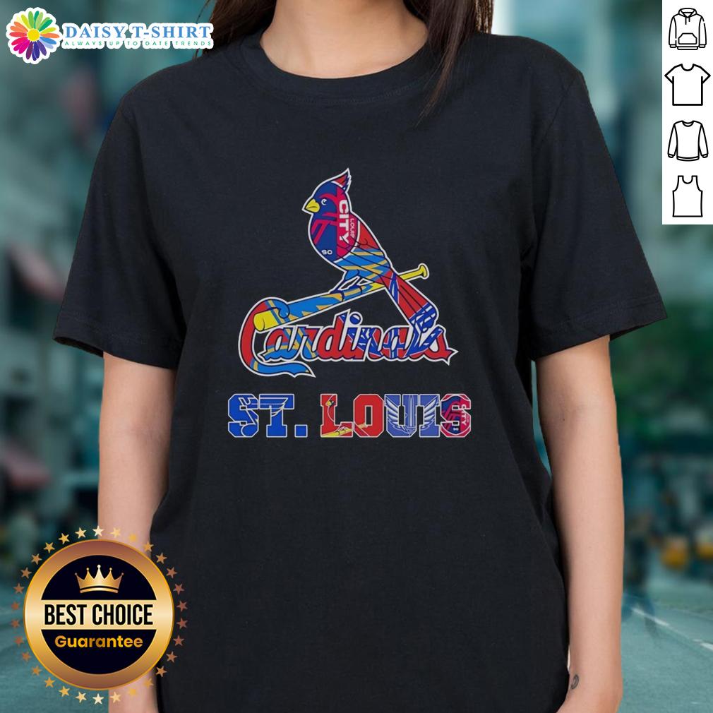 Stylish ladies tee featuring a mashup of St. Louis Cardinals, Blues, City SC, and Battlehawks sports logos.