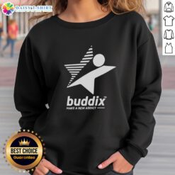 Official Buddix Make A New Addict Sweatshirt displayed on a hanger, showcasing its trendy design and vibrant colors.