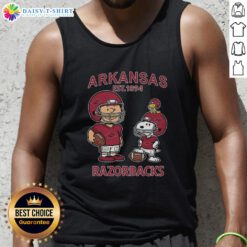 Official Charlie Brown and Snoopy Arkansas Razorbacks NCAA Football tank top, celebrating the team's heritage since 1894.