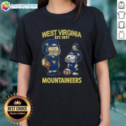 Official Charlie Brown and Snoopy West Virginia Mountaineers NCAA Football tee for ladies, celebrating Est. 1891.