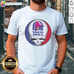 Alt Text: Vintage Taco Bell X Grateful Dead logo t-shirt featuring iconic designs, perfect for fans of both brands.